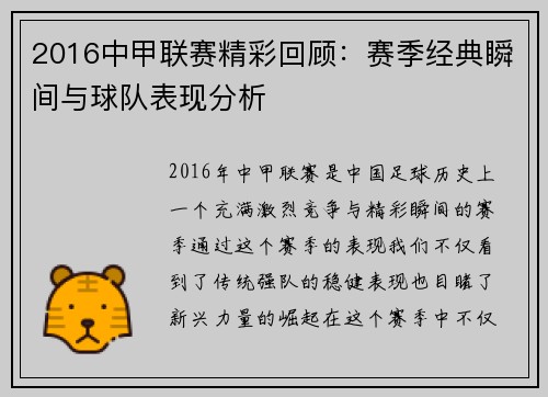 2016中甲联赛精彩回顾:赛季经典瞬间与球队表现分析
