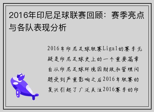 2016年印尼足球联赛回顾:赛季亮点与各队表现分析