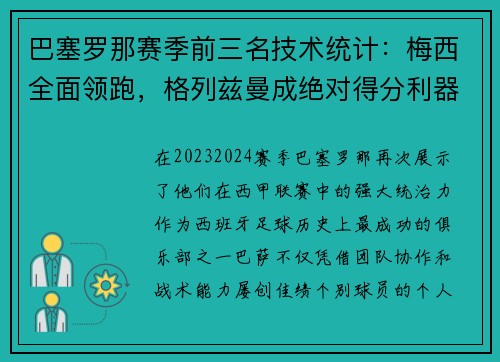 巴塞罗那赛季前三名技术统计：梅西全面领跑，格列兹曼成绝对得分利器