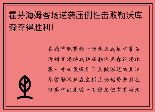 霍芬海姆客场逆袭压倒性击败勒沃库森夺得胜利！